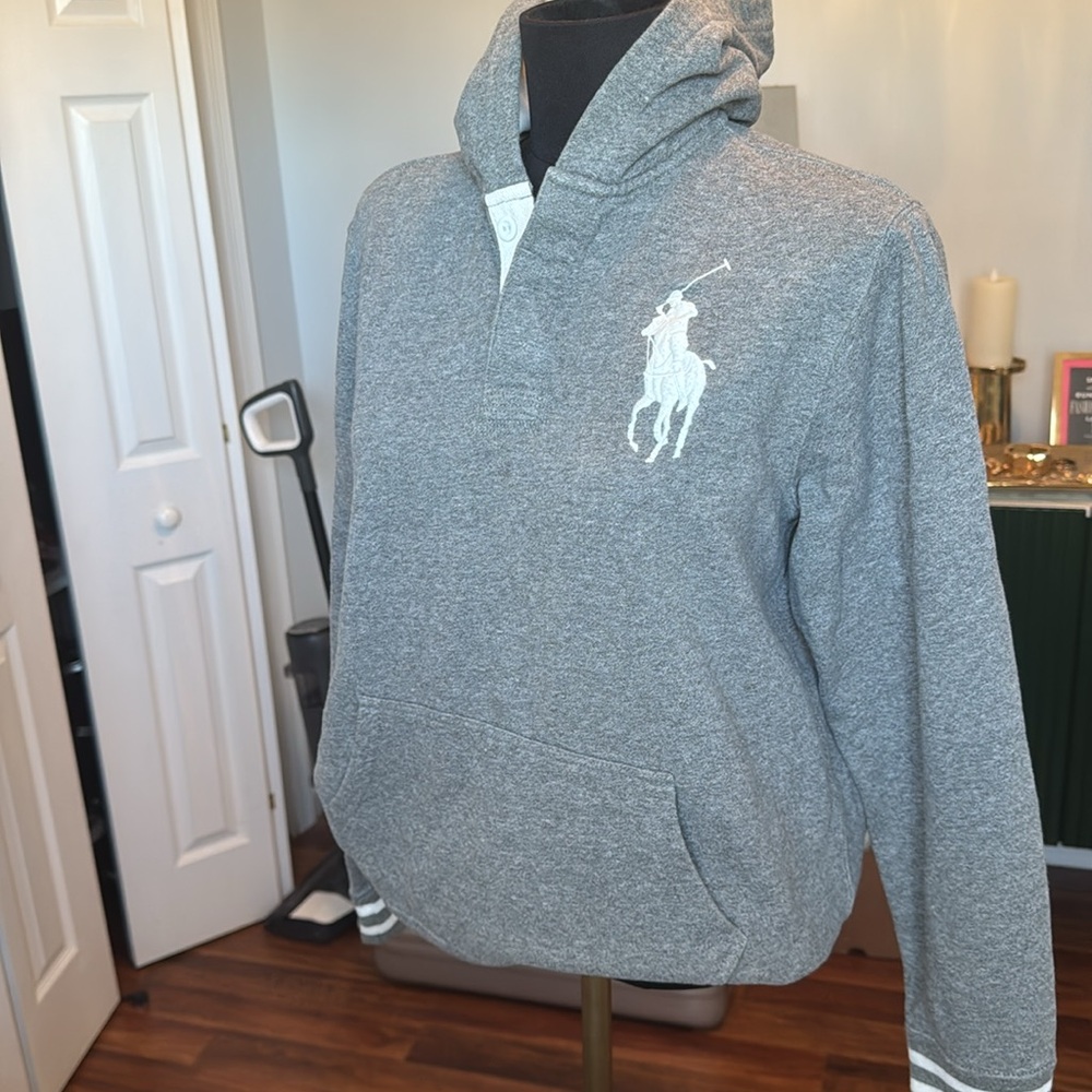 Boys Polo By Ralph Lauren Gray Pullover Hoodie Rugby Big Pony Size XL  (C01)